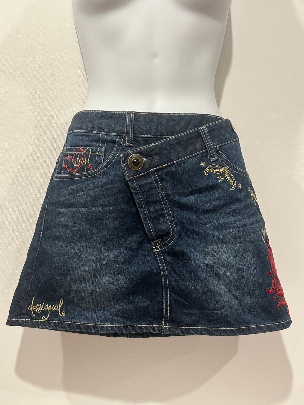 Desigual Vintage Y2K Asymmetric Crossover Waist Embroidered Denim Mini Skirt 28